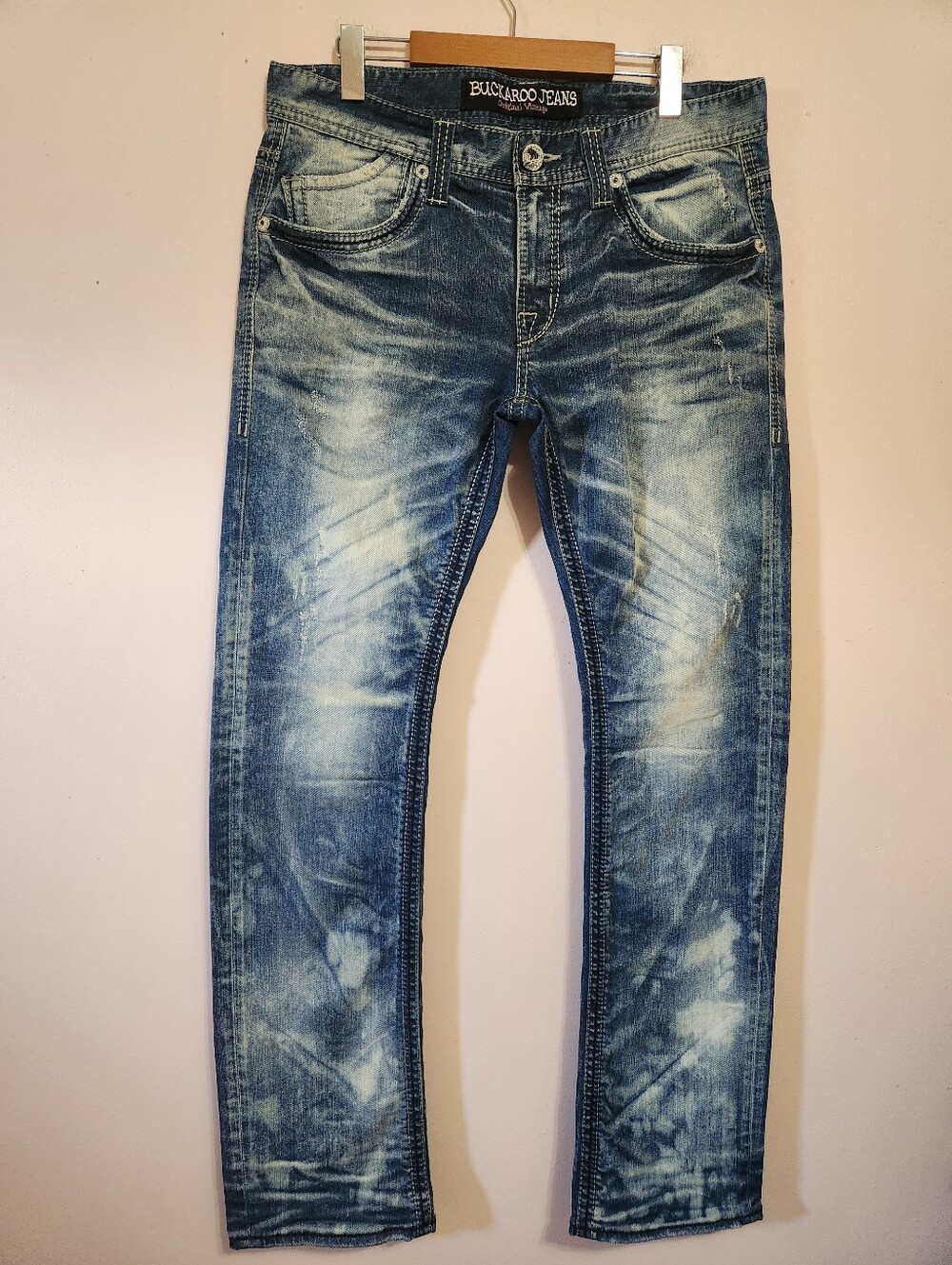 Vintage Buckaroo Bleached Acid Wash Thick Stitch Y2K Grunge Denim Jeans Men W33